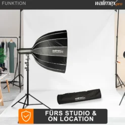 Walimex pro Studio Parabolic Softbox 90cm, um 360° drehbar, einfacher Aufbau dank Schirmfunktion, inkl. Grid, Maske, Bowens Adapter und Transporttasche, ideal für Porträts und Beauty-Aufnahmen