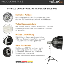 Walimex pro Studio Parabolic Softbox 90cm + Softboxadapter für Hensel Expert, um 360° drehbar, einfacher Aufbau dank Schirmfunktion, inkl. Grid, Maske, Bowens Adapter und Transporttasche