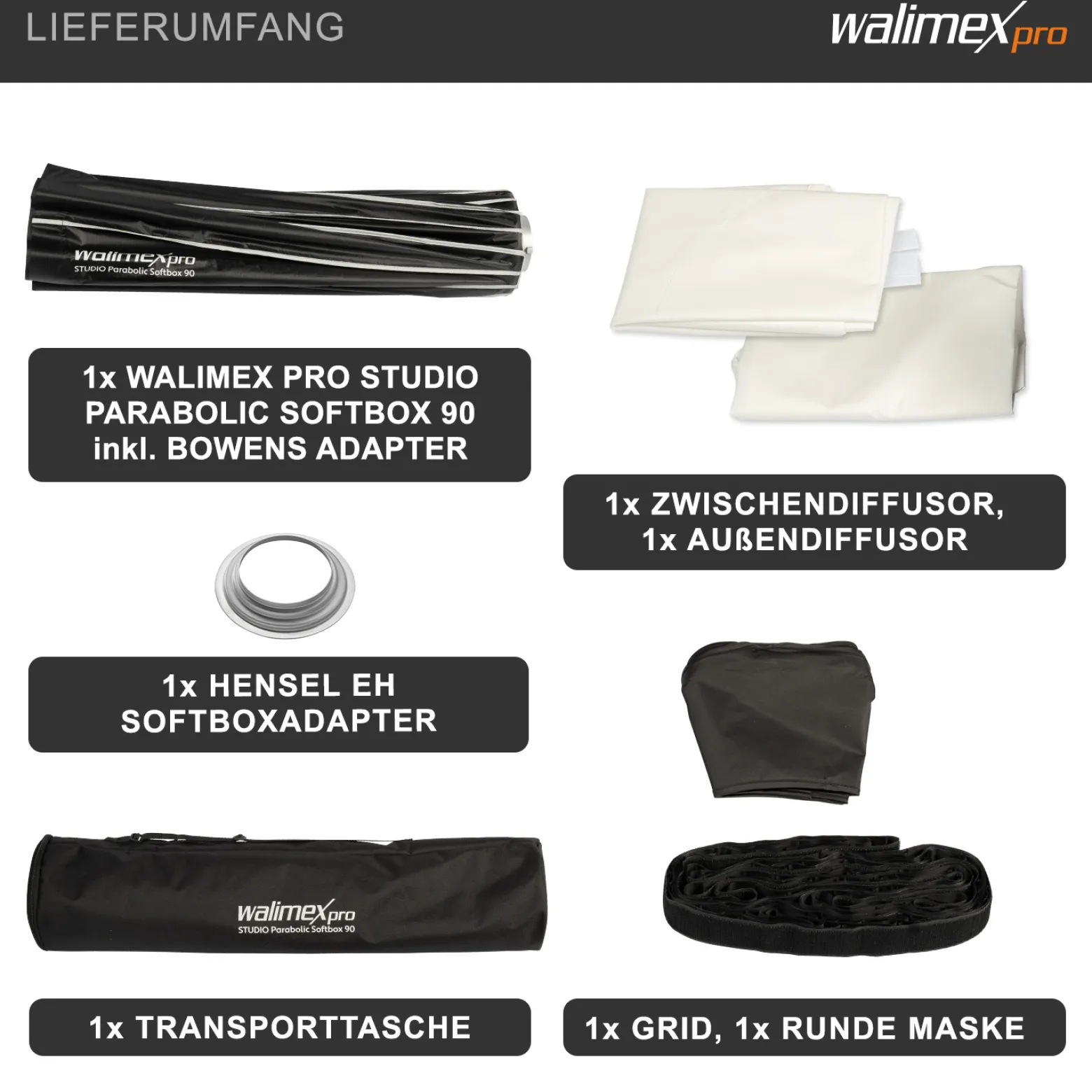 Walimex pro Studio Parabolic Softbox 90cm + Softboxadapter für Hensel Expert, um 360° drehbar, einfacher Aufbau dank Schirmfunktion, inkl. Grid, Maske, Bowens Adapter und Transporttasche