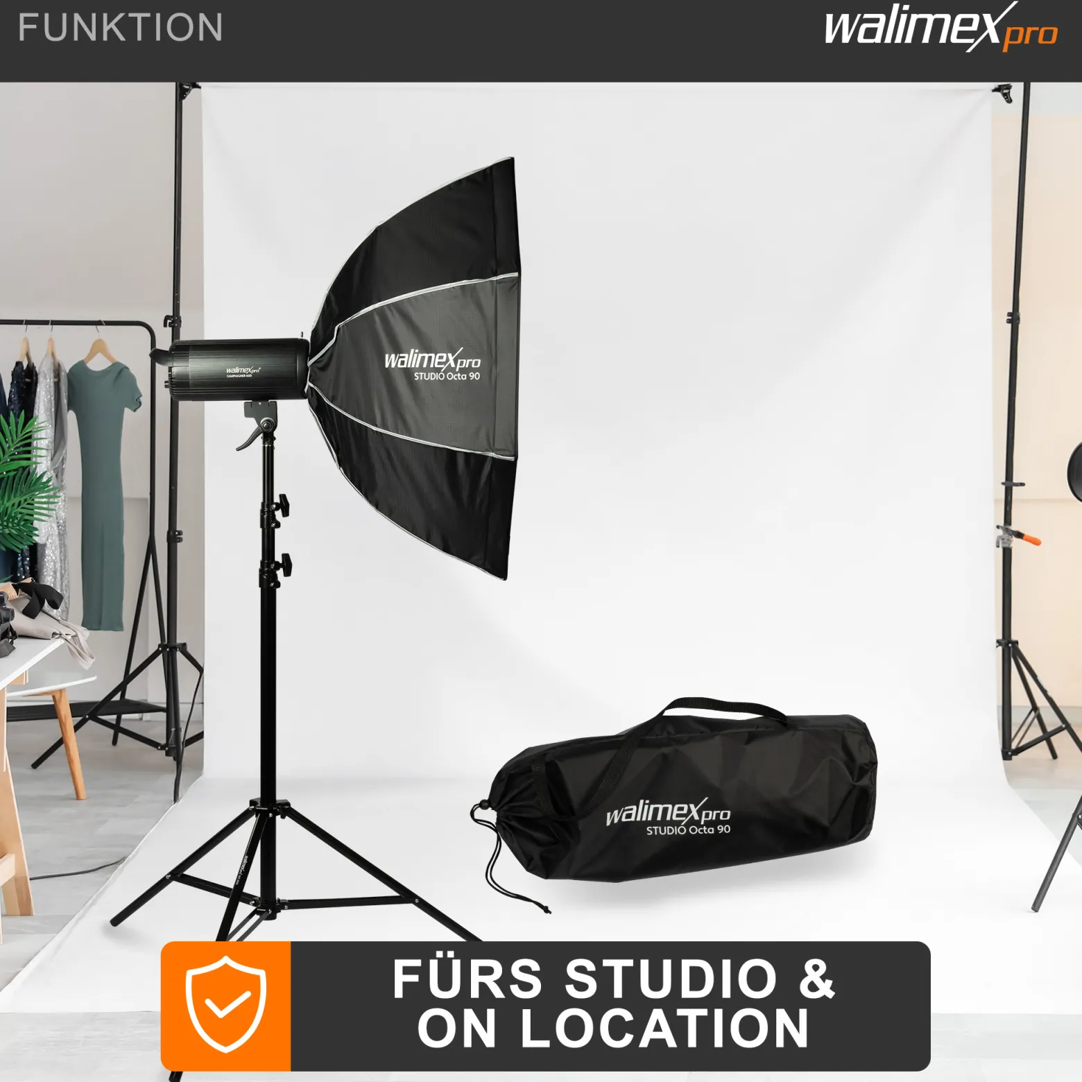 Walimex pro Studio Softbox Octagon 90cm, um 360° drehbar, einfacher Aufbau, inkl. Grid, Maske, Bowens Adapter und Transporttasche, ideal für Porträts und Beauty-Aufnahmen