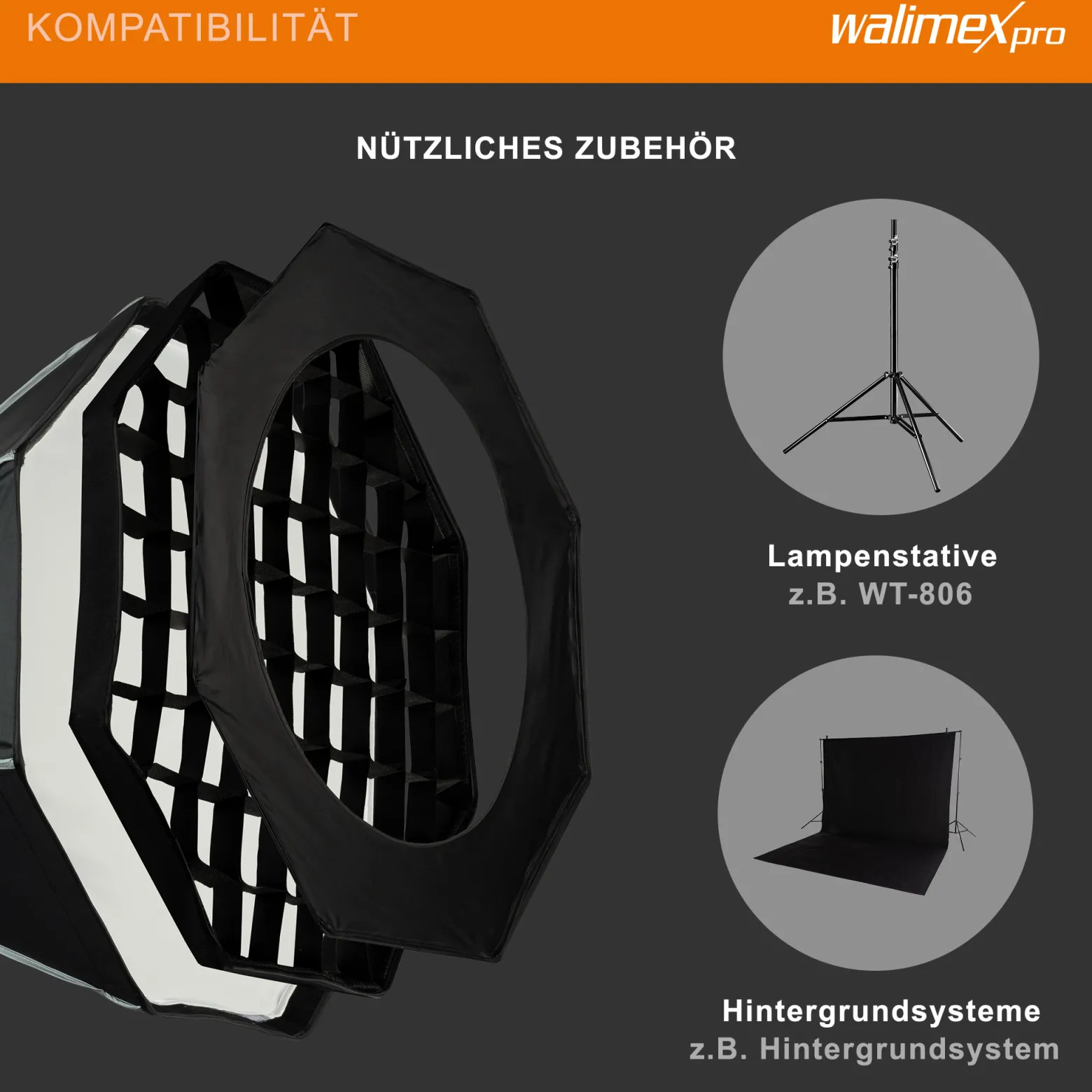 Walimex pro Studio Softbox Octagon 60cm, um 360° drehbar, einfacher Aufbau, inkl. Grid, Maske, Bowens Adapter und Transporttasche, ideal für Porträts und Beauty-Aufnahmen