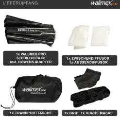 Walimex pro Studio Softbox Octagon 60cm, um 360° drehbar, einfacher Aufbau, inkl. Grid, Maske, Bowens Adapter und Transporttasche, ideal für Porträts und Beauty-Aufnahmen