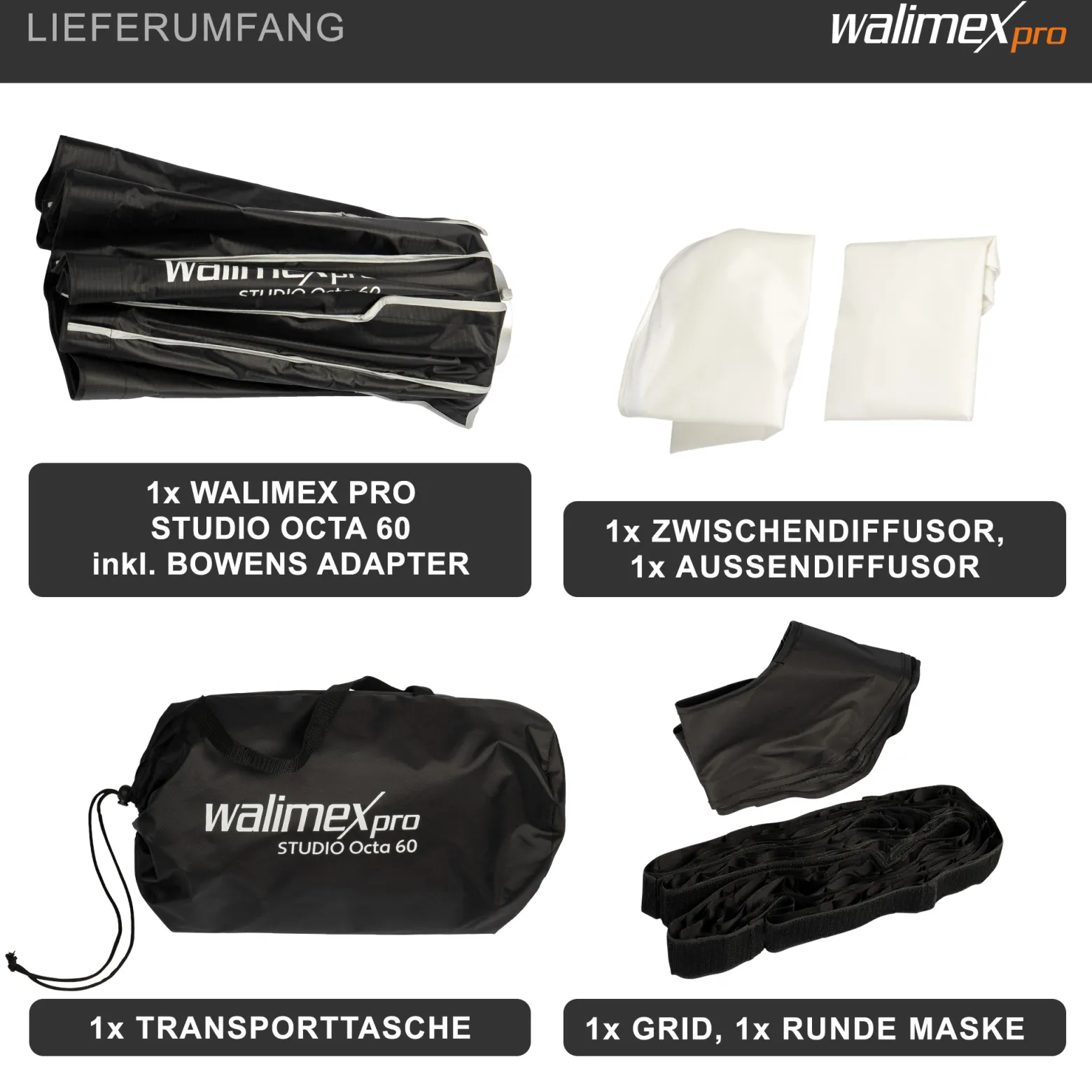 Walimex pro Studio Softbox Octagon 60cm, um 360° drehbar, einfacher Aufbau, inkl. Grid, Maske, Bowens Adapter und Transporttasche, ideal für Porträts und Beauty-Aufnahmen