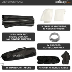 Walimex pro Studio Softbox Octagon 120cm + Softboxadapter für Profoto (Außendurchmesser: 15,2 cm), um 360° drehbar, einfacher Aufbau, inkl. Grid, Maske, Bowens Adapter und Transporttasche