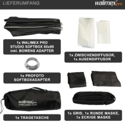 Walimex pro Studio Softbox Octagon 90cm + Profoto Adapter 15,2cm, 360°, einfacher Aufbau, inkl. Grid, Maske, Bowens Adapter und Transporttasche, ideal für Porträts und Beauty-Aufnahmen