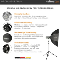 Walimex pro Studio Softbox Octagon 120cm + Elinchrom Adapter 15,2cm, 360°, einfacher Aufbau, inkl. Grid, Maske, Bowens Adapter und Transporttasche, ideal für Porträts und Beauty-Aufnahmen