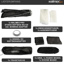 Walimex pro Studio Softbox 80x120cm + Softboxadapter für Hensel Expert, um 360° drehbar, einfacher Aufbau Dank Schirmfunktion, inkl. Grid, Masken, Bowens Adapter und Transporttasche
