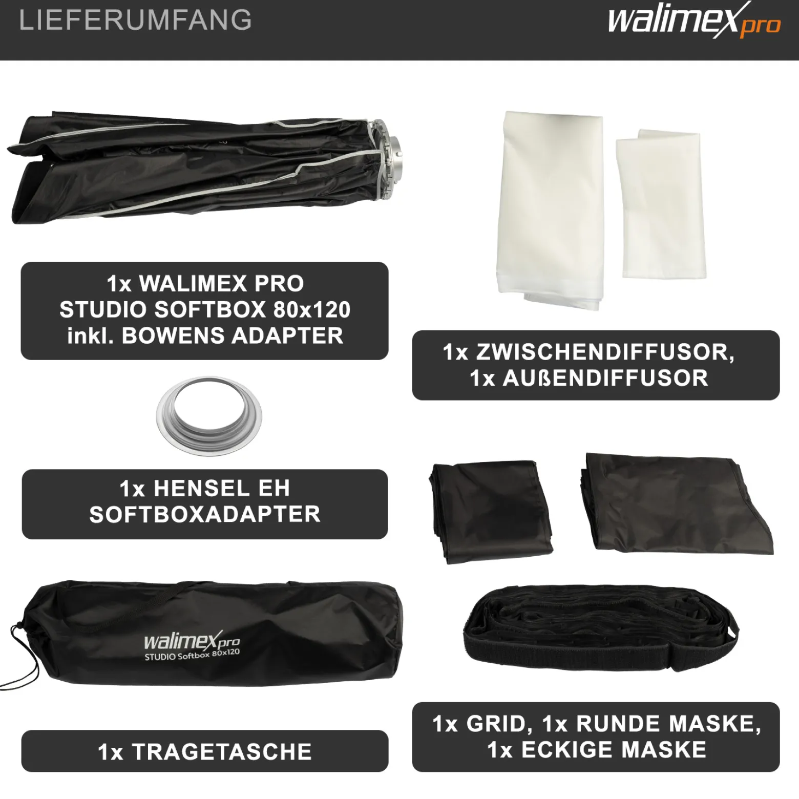 Walimex pro Studio Softbox 80x120cm + Softboxadapter für Hensel Expert, um 360° drehbar, einfacher Aufbau Dank Schirmfunktion, inkl. Grid, Masken, Bowens Adapter und Transporttasche