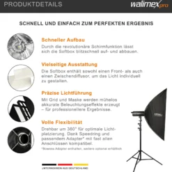 Walimex pro Studio Softbox 80x120cm + Softboxadapter für Hensel Expert, um 360° drehbar, einfacher Aufbau Dank Schirmfunktion, inkl. Grid, Masken, Bowens Adapter und Transporttasche