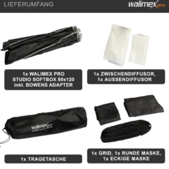 Walimex pro Studio Softbox 80x120cm, um 360° drehbar, einfacher Aufbau dank Schirmfunktion, inkl. Grid, Masken, Bowens Adapter und Transporttasche, ideal für Produkt- und Peoplefotografie