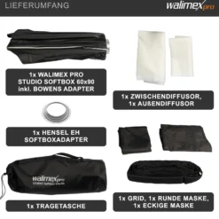 Walimex pro Studio Softbox 60x90cm + Hensel EH Adapter, 360°, Schirmfunktion, inkl. Grid, Masken, Bowens Adapter und Transporttasche, ideal für Produkt- und Peoplefotografie