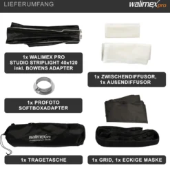 Walimex pro Studio Striplight Softbox 40 x 120 cm + Profoto Adapter 15,2 cm, Soft Box inkl. Diffusor, Lichtformer 360°, faltbar, schneller Aufbau, Bowens-Adapter für Studioblitz oder Studioleuchte