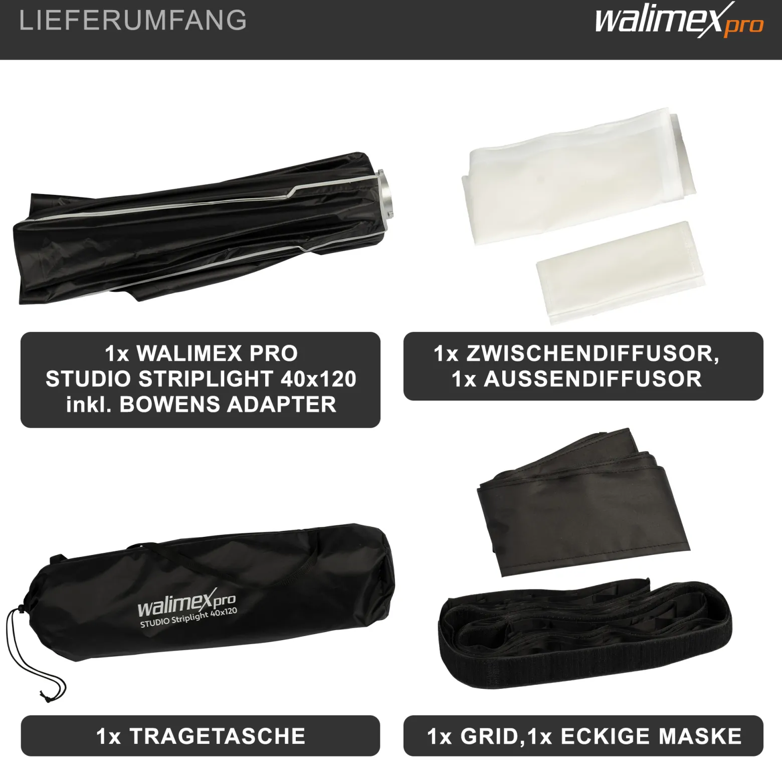 Walimex pro Studio Striplight Softbox 40 x 120 cm, Soft Box inkl. Diffusor, Lichtformer 360° drehbar, faltbar, schneller Aufbau, Bowens-Adapter für Studioblitz oder Studioleuchte