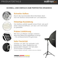 Walimex pro Studio Striplight Softbox 40 x 120 cm, Soft Box inkl. Diffusor, Lichtformer 360° drehbar, faltbar, schneller Aufbau, Bowens-Adapter für Studioblitz oder Studioleuchte