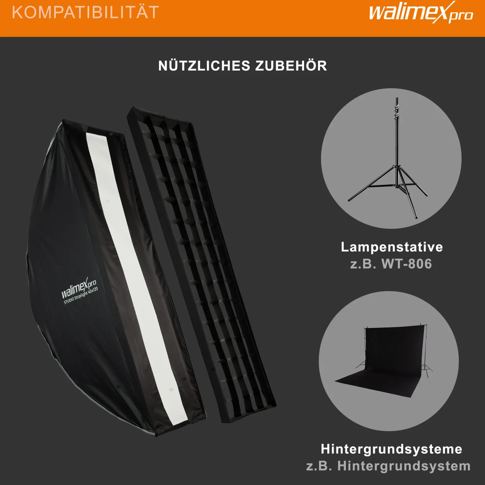 Walimex pro Studio Striplight Softbox 40 x 120 cm, Soft Box inkl. Diffusor, Lichtformer 360° drehbar, faltbar, schneller Aufbau, Bowens-Adapter für Studioblitz oder Studioleuchte