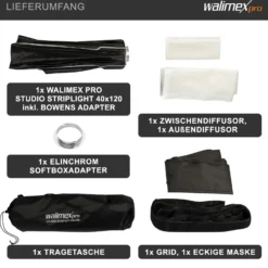Walimex pro Studio Striplight Softbox 40 x 120 cm + Elinchrom Adapter 15,2 cm, Soft Box inkl. Diffusor, Lichtformer 360°, faltbar, schneller Aufbau, Bowens-Adapter für Studioblitz oder Studioleuchte
