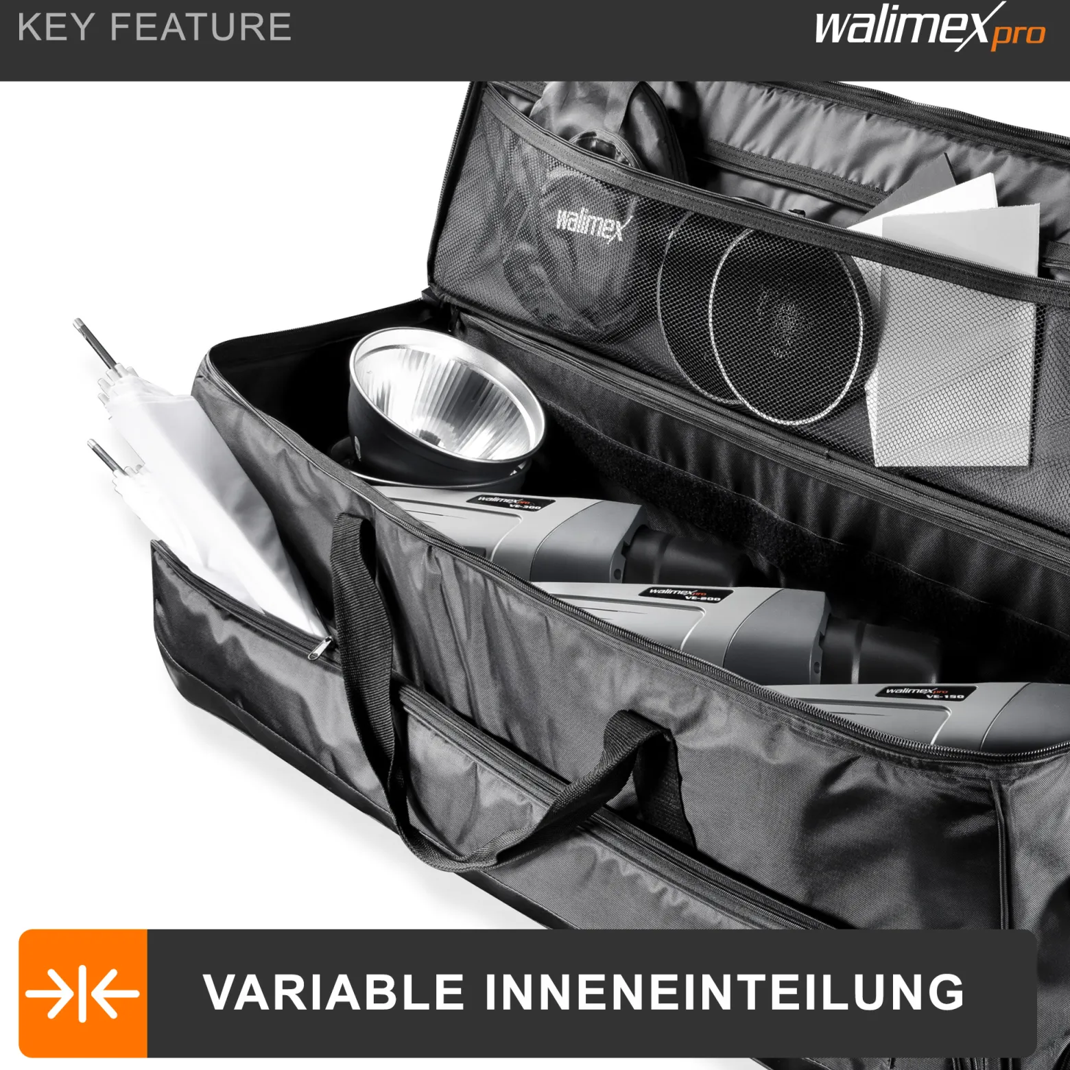 Walimex pro Studio-Trolley XL - schwarz - 1027 x 379 x 324 mm - inkl. ausziehbaren Trolleygriffs, gepolsterten Schultergurts, variabler Inneneinteilung, Hartgummiräder - Stativtasche, Kameratasche