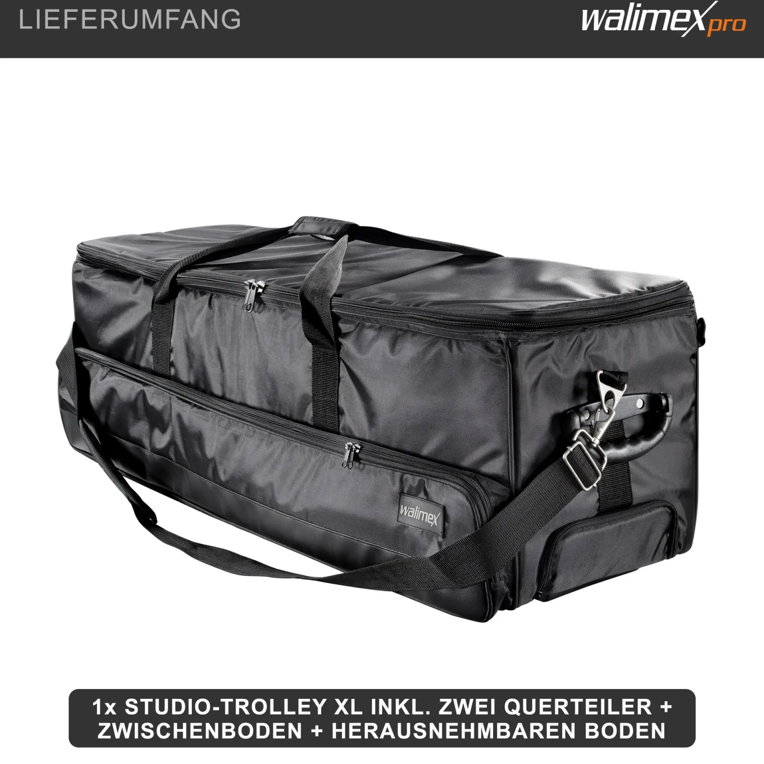 Walimex pro Studio-Trolley XL - schwarz - 1027 x 379 x 324 mm - inkl. ausziehbaren Trolleygriffs, gepolsterten Schultergurts, variabler Inneneinteilung, Hartgummiräder - Stativtasche, Kameratasche