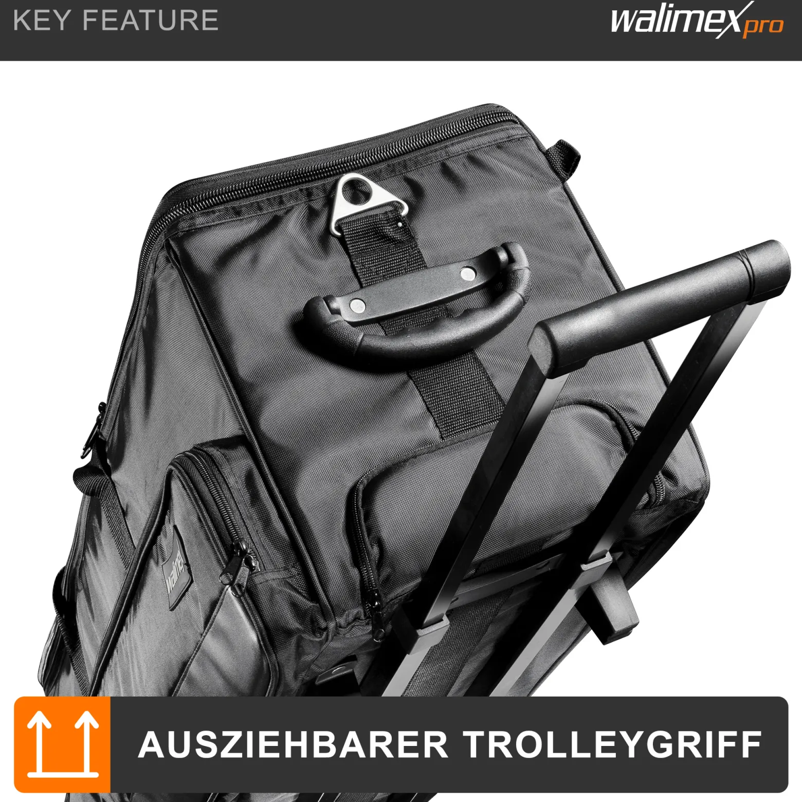 Walimex pro Studio-Trolley XL - schwarz - 1027 x 379 x 324 mm - inkl. ausziehbaren Trolleygriffs, gepolsterten Schultergurts, variabler Inneneinteilung, Hartgummiräder - Stativtasche, Kameratasche