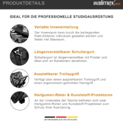Walimex pro Studio-Trolley XL - schwarz - 1027 x 379 x 324 mm - inkl. ausziehbaren Trolleygriffs, gepolsterten Schultergurts, variabler Inneneinteilung, Hartgummiräder - Stativtasche, Kameratasche