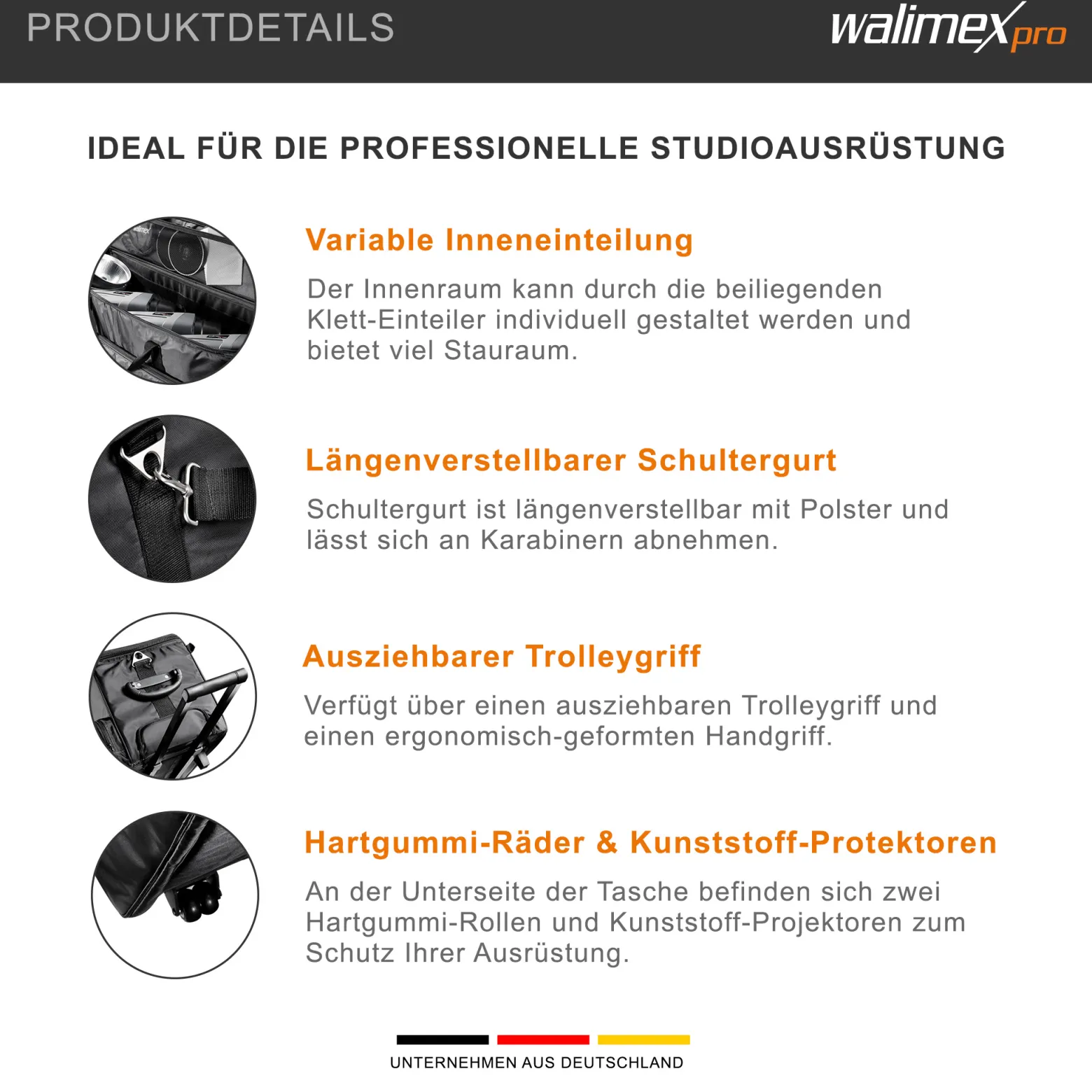 Walimex pro Studio-Trolley XL - schwarz - 1027 x 379 x 324 mm - inkl. ausziehbaren Trolleygriffs, gepolsterten Schultergurts, variabler Inneneinteilung, Hartgummiräder - Stativtasche, Kameratasche