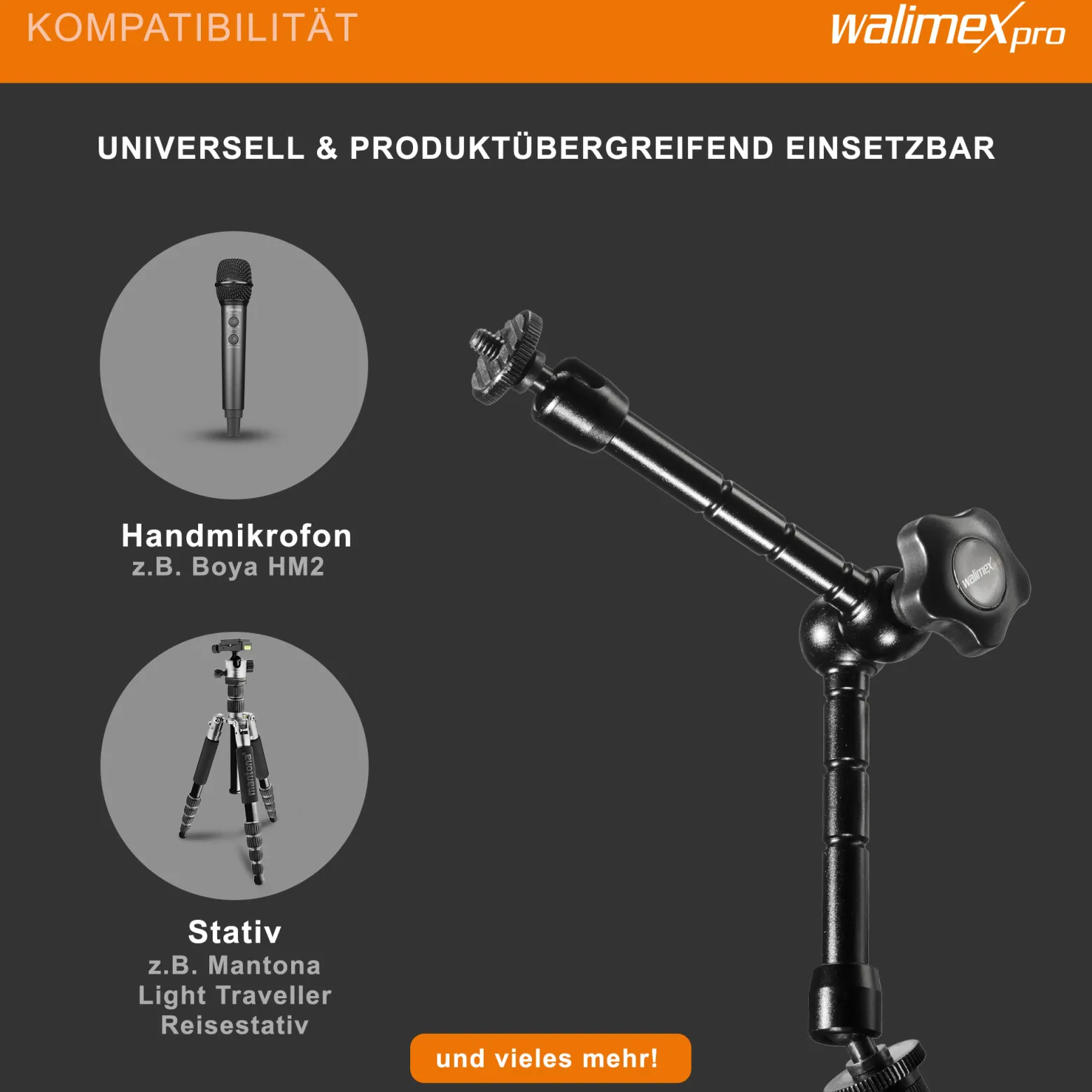 Walimex pro Swivel Arm Magic 28 - 280 x 70 x 39 mm - Tragfähigkeit 2 kg max - 2x 1/4 Zoll Schraube - DSLR-Gelenkarm, Auslegearm für Videostative, DSLR Rigs, Dollys und Aufnahmetische, Schwarz