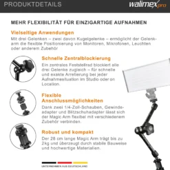 Walimex pro Swivel Arm Magic 28 - 280 x 70 x 39 mm - Tragfähigkeit 2 kg max - 2x 1/4 Zoll Schraube - DSLR-Gelenkarm, Auslegearm für Videostative, DSLR Rigs, Dollys und Aufnahmetische, Schwarz