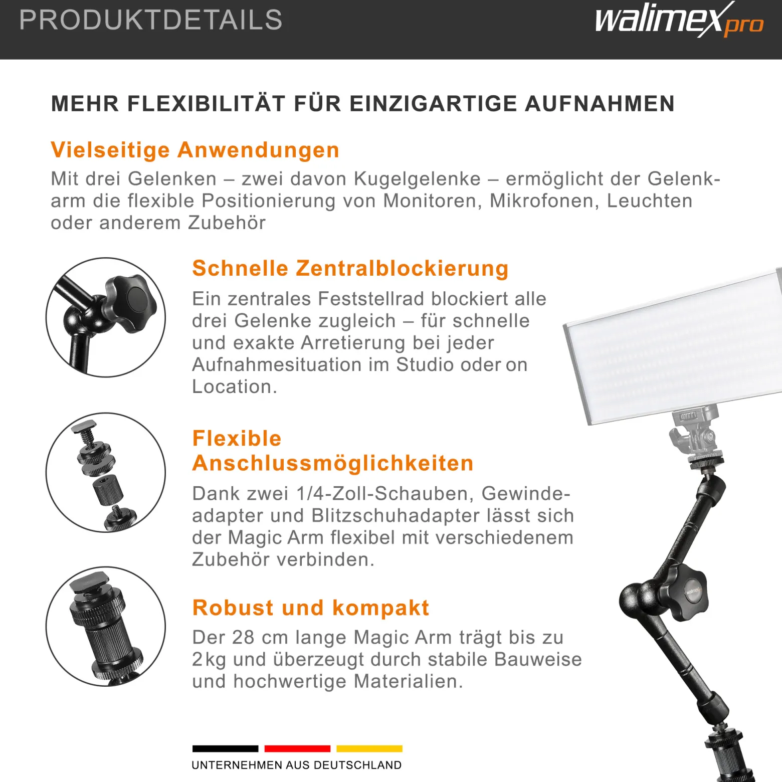 Walimex pro Swivel Arm Magic 28 - 280 x 70 x 39 mm - Tragfähigkeit 2 kg max - 2x 1/4 Zoll Schraube - DSLR-Gelenkarm, Auslegearm für Videostative, DSLR Rigs, Dollys und Aufnahmetische, Schwarz