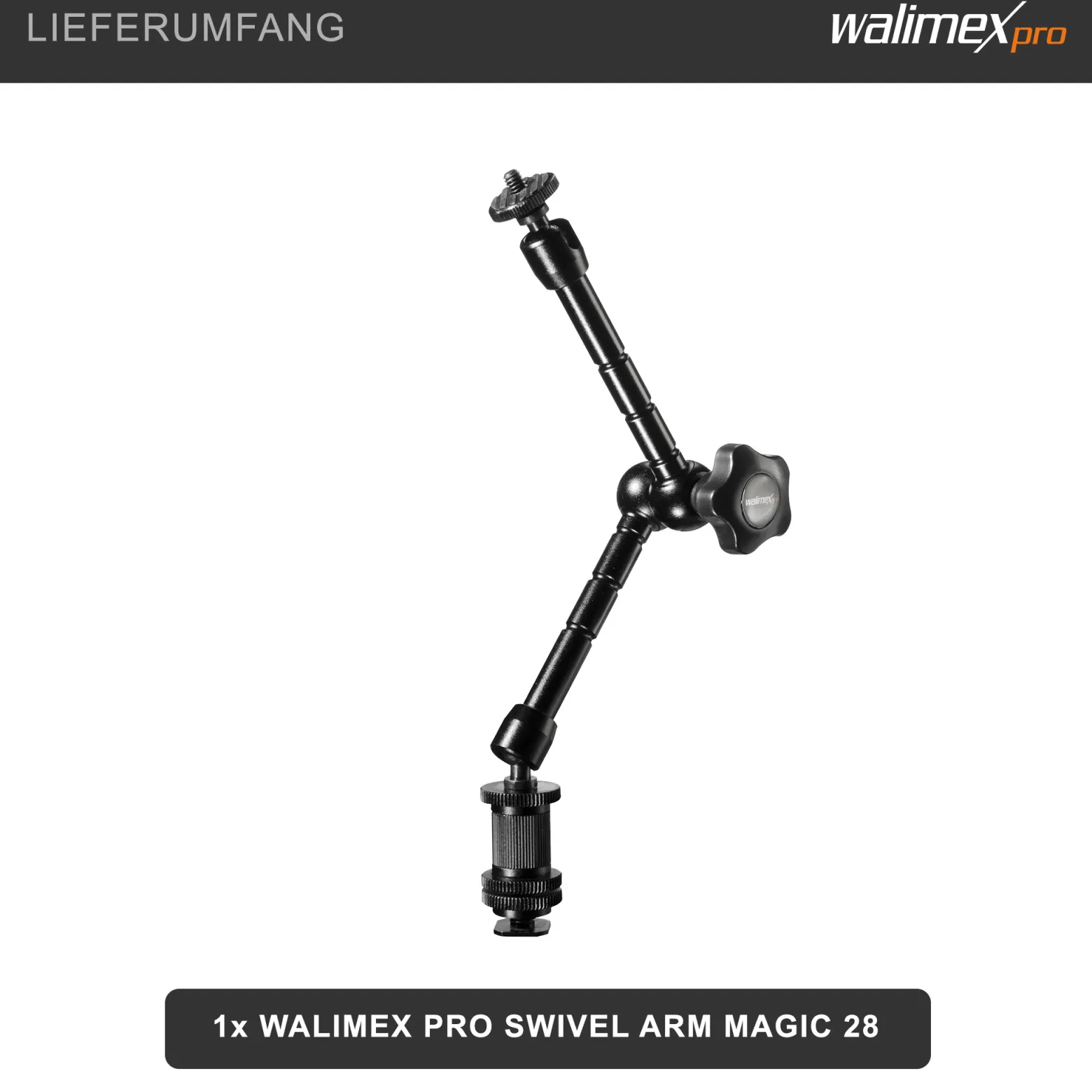 Walimex pro Swivel Arm Magic 28 - 280 x 70 x 39 mm - Tragfähigkeit 2 kg max - 2x 1/4 Zoll Schraube - DSLR-Gelenkarm, Auslegearm für Videostative, DSLR Rigs, Dollys und Aufnahmetische, Schwarz