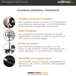 Walimex pro Table Top Lampenstativ 2er-Set höhenverstellbar 35-65 cm, Tischstativ mit Kugelkopf für 360° Drehung und 90° Neigung, Stativ mit Klemmhalterung für Studiobeleuchtung und Kamera