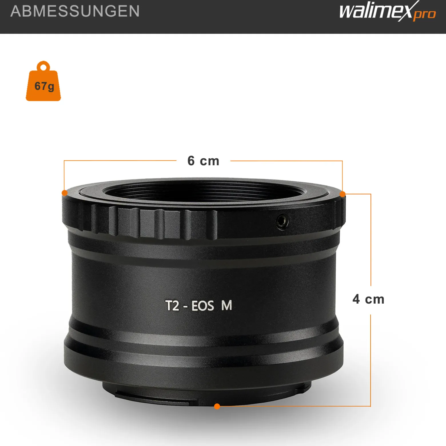 Walimex pro T2 Adapter kompatibel mit Canon M - 60 x 40 x 40 mm - Adapterring mit manuellem Fokus, einfache Handhabung, Objektiv-Anschlussring für EOS M, M2, M3, M5, M100, M200, M50 Mark II