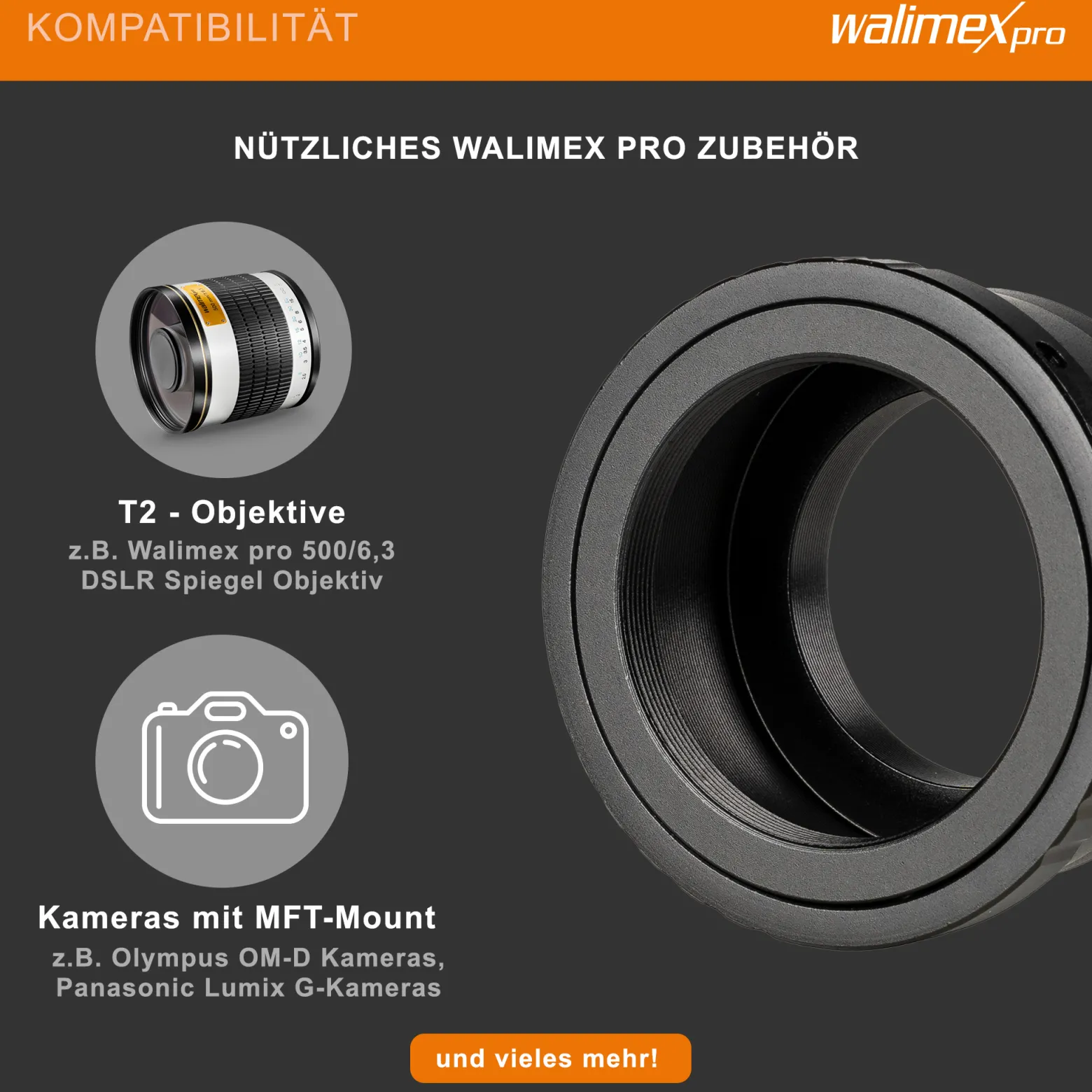 Walimex pro T2 Adapter MFT-Mount - 58 x 58 x 30 mm - Adapterring manueller Fokus, einfache Handhabung, Objektiv-Anschlussring kompatibel mit Olympus Pen E-PL1, kompatibel mit Panasonic Lumix DMC-G70