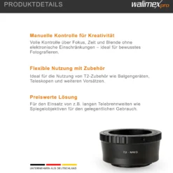 Walimex pro T2 Adapter MFT-Mount - 58 x 58 x 30 mm - Adapterring manueller Fokus, einfache Handhabung, Objektiv-Anschlussring kompatibel mit Olympus Pen E-PL1, kompatibel mit Panasonic Lumix DMC-G70