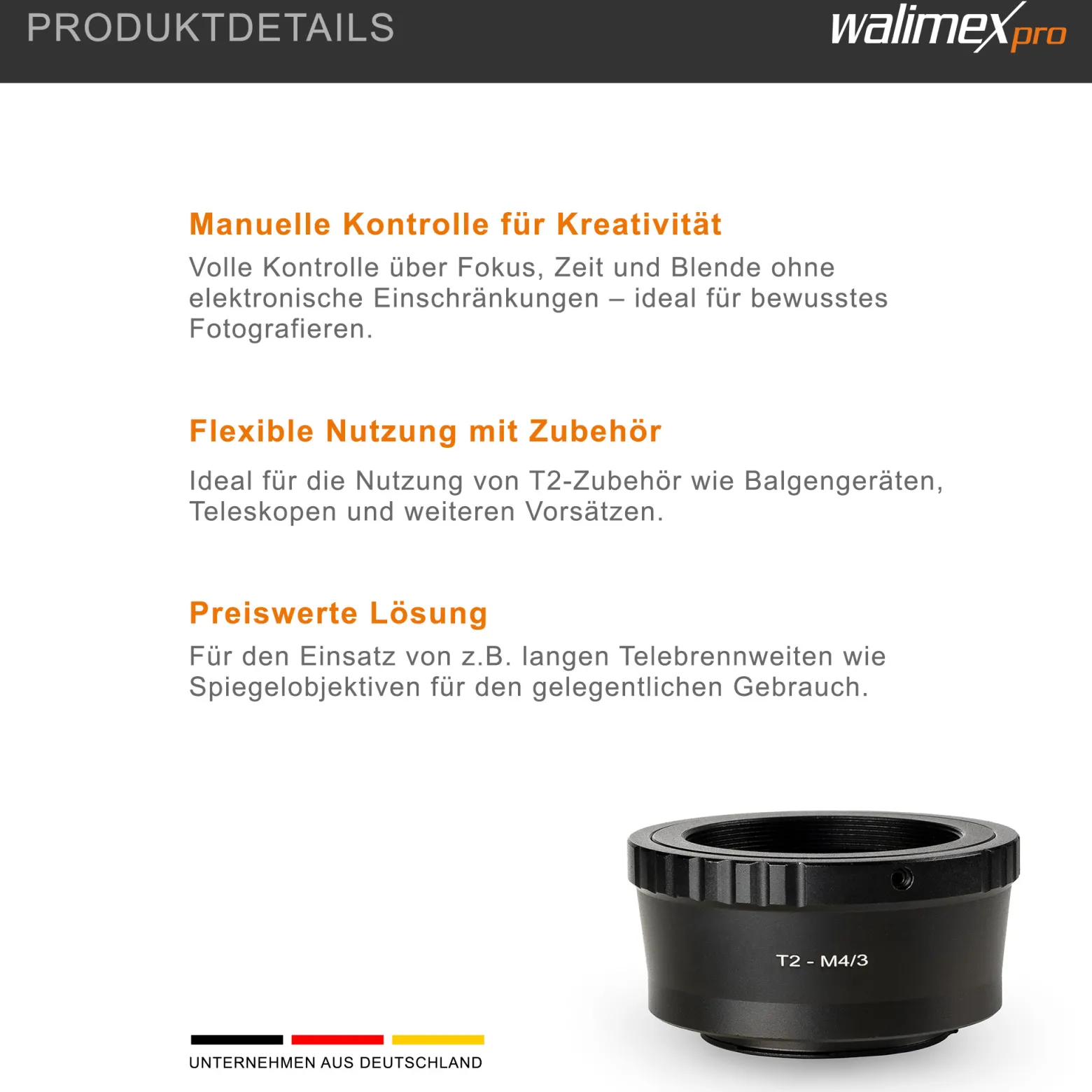 Walimex pro T2 Adapter MFT-Mount - 58 x 58 x 30 mm - Adapterring manueller Fokus, einfache Handhabung, Objektiv-Anschlussring kompatibel mit Olympus Pen E-PL1, kompatibel mit Panasonic Lumix DMC-G70