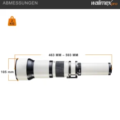 Walimex pro Teleobjektiv 650-1300mm 1:8-16 CSC kompatibel mit Pentax K – Manueller Fokus, Zoom-Teleobjektiv für Vollformat & APS-C Sensor – Ganzmetallfassung, inkl. Aufbewahrungstasche & Deckeln
