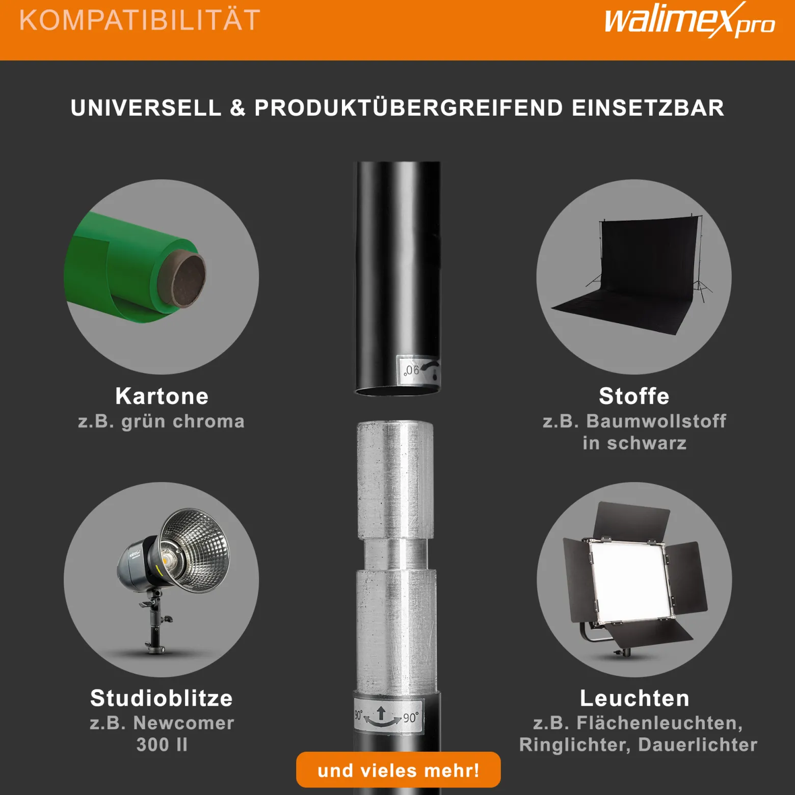 Walimex pro Teleskop Hintergrundsystem L 120-307 cm breit, Fotohintergrund System 102-256 cm hoch, Lampenstativ 5/8'' Spigot, für Fotografie, Video u. Green Screen, für Leinwände aus Papier u. Stoff