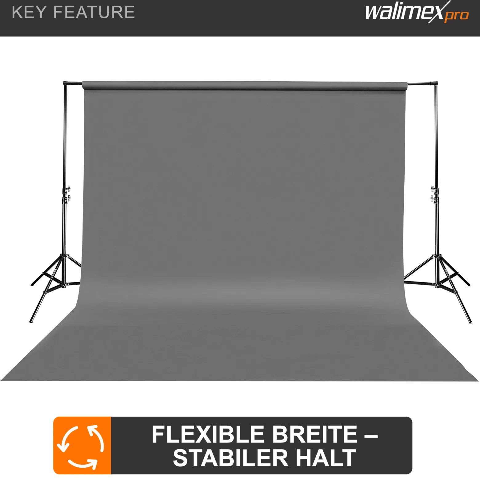 Walimex pro Teleskop Hintergrundsystem L 120-307 cm breit, Fotohintergrund System 102-256 cm hoch, Lampenstativ 5/8'' Spigot, für Fotografie, Video u. Green Screen, für Leinwände aus Papier u. Stoff