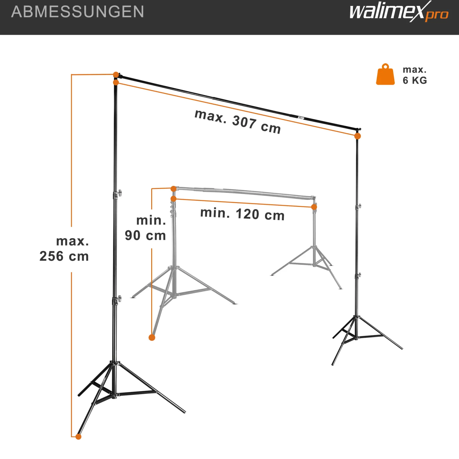 Walimex pro Teleskop Hintergrundsystem L 120-307 cm breit, Fotohintergrund System 102-256 cm hoch, Lampenstativ 5/8'' Spigot, für Fotografie, Video u. Green Screen, für Leinwände aus Papier u. Stoff