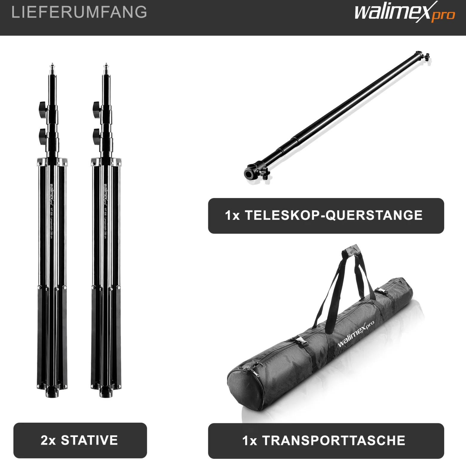 Walimex pro Teleskop Hintergrundsystem L 120-307 cm breit, Fotohintergrund System 102-256 cm hoch, Lampenstativ 5/8'' Spigot, für Fotografie, Video u. Green Screen, für Leinwände aus Papier u. Stoff