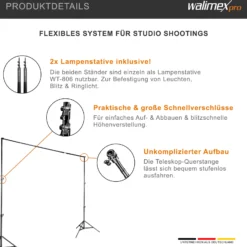 Walimex pro Teleskop Hintergrundsystem XL 225-400 cm breit, Fotohintergrund System 102-256 cm hoch, Lampenstativ 5/8'' Spigot, für Fotografie, Video u. Green Screen, für Leinwände aus Papier u. Stoff