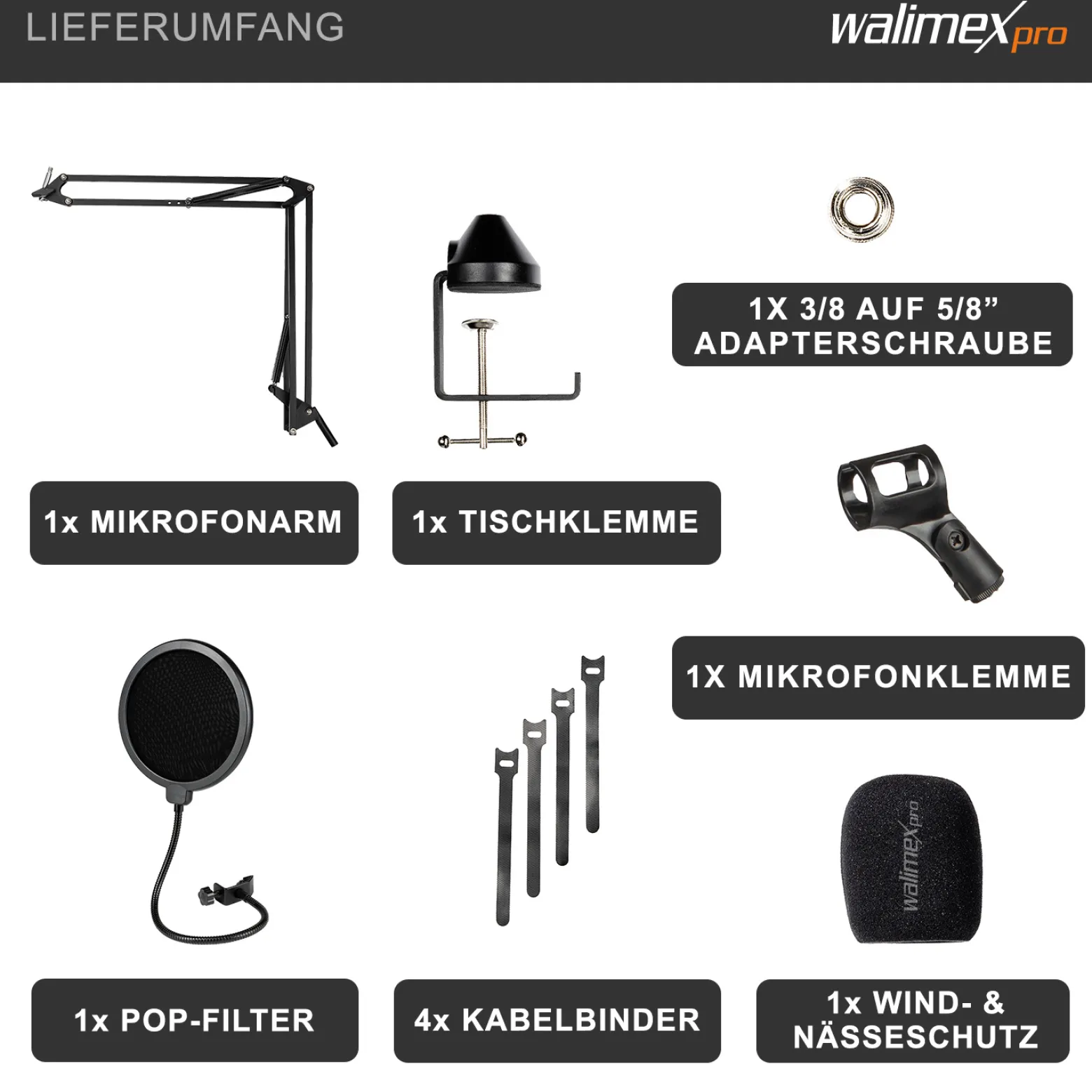 Walimex pro 360° Tischmikrofonarm mit Pop Filter & Windschutz, Mikrofonhalter mit 3/8"-5/8" Adapter, bis 1,8 kg, robuster Mikrofonständer für Tonaufnahmen