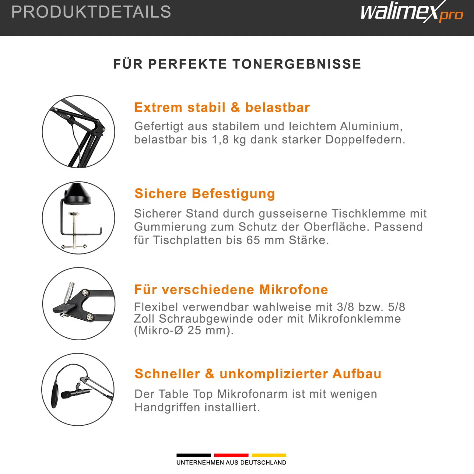 Walimex pro 360° Tischmikrofonarm mit Pop Filter & Windschutz, Mikrofonhalter mit 3/8"-5/8" Adapter, bis 1,8 kg, robuster Mikrofonständer für Tonaufnahmen