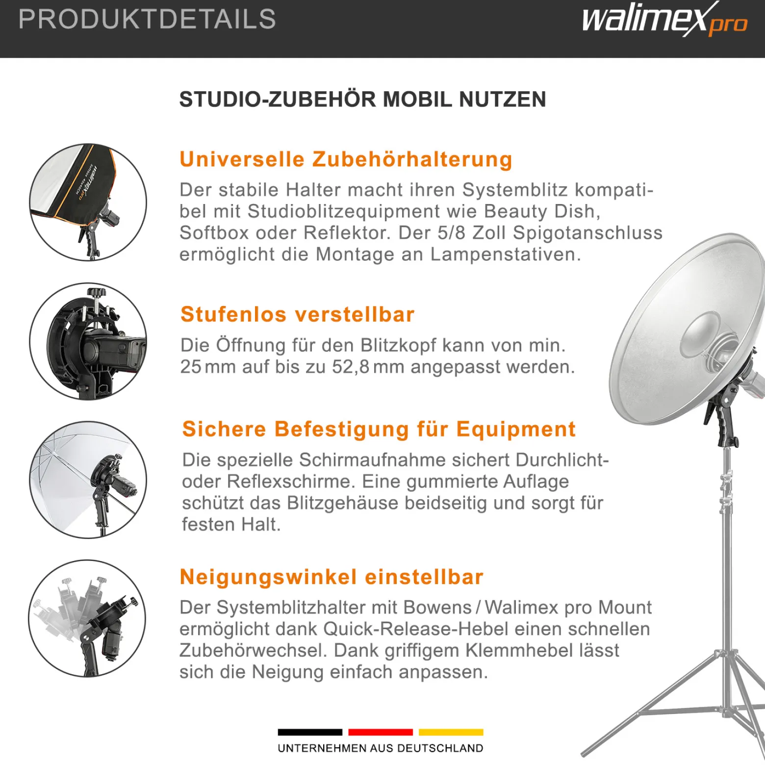 Walimex pro Universal Systemblitzhalter S-Type - Verstellbar 25-52,8 mm - für Systemblitze, Kompaktblitze, ideal für Softboxen, Reflektoren, Beauty Dish, Reflexschirme - schwarz