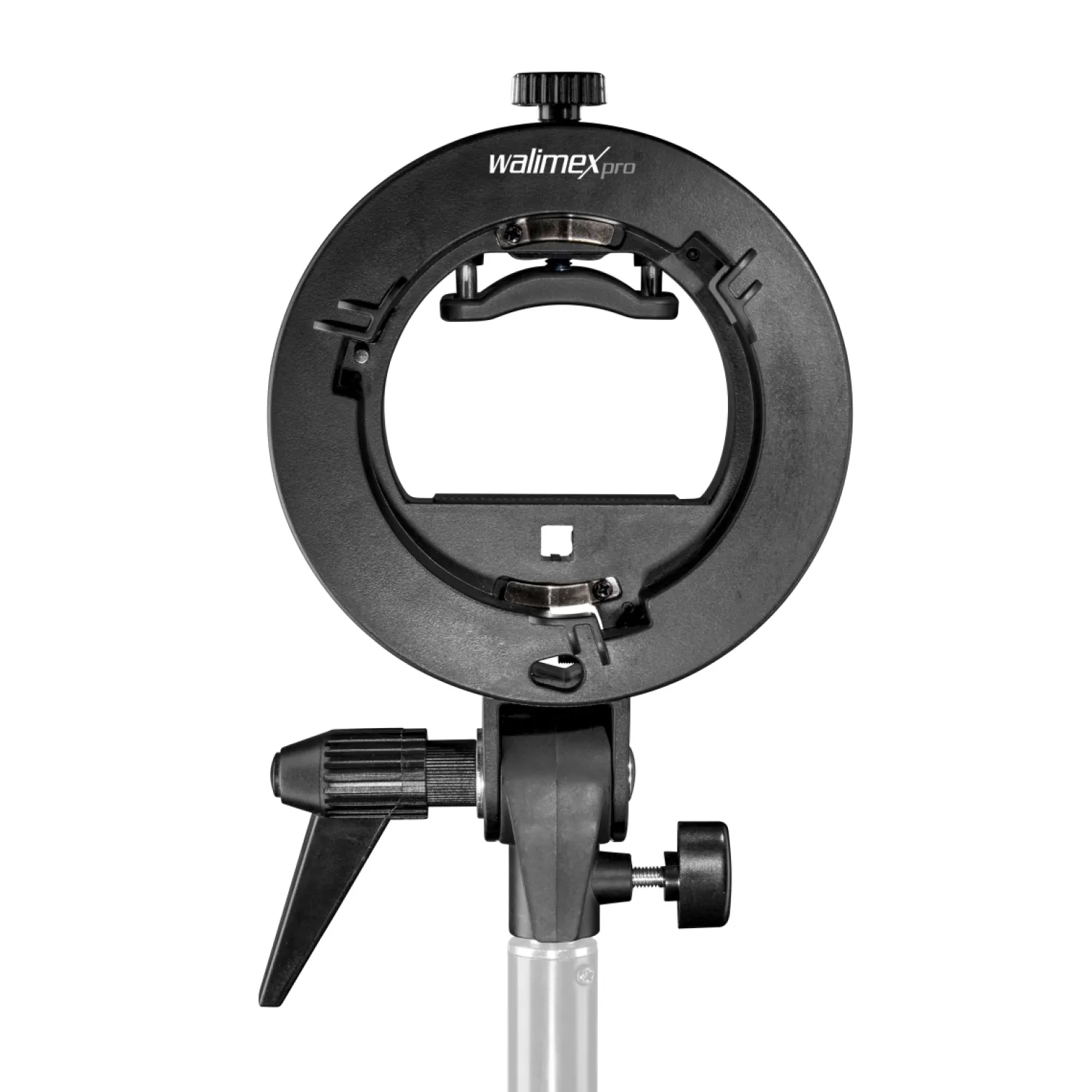 Walimex pro Universal Systemblitzhalter S-Type - Verstellbar 25-52,8 mm - für Systemblitze, Kompaktblitze, ideal für Softboxen, Reflektoren, Beauty Dish, Reflexschirme - schwarz
