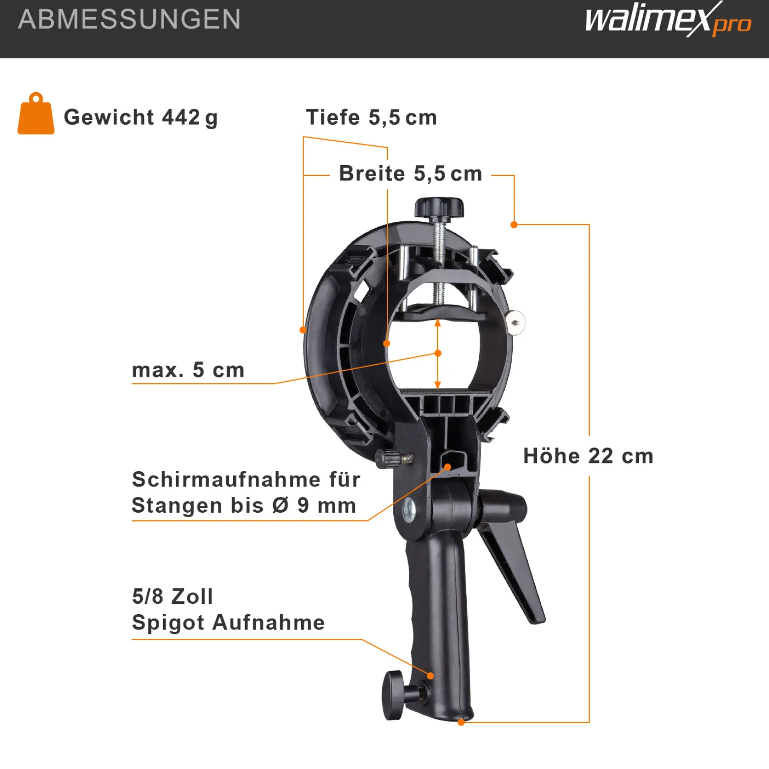 Walimex pro Universal Systemblitzhalter S-Type - Verstellbar 25-52,8 mm - für Systemblitze, Kompaktblitze, ideal für Softboxen, Reflektoren, Beauty Dish, Reflexschirme - schwarz