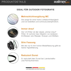 Walimex pro UV-Filter Slim MC 52mm - Schutz vor UV-Strahlen und Verschmutzung, Hochwertige Mehrschichtvergütung, mit äußerst dünner, gering auftragender Metallfassung, Inkl. Schutzhülle