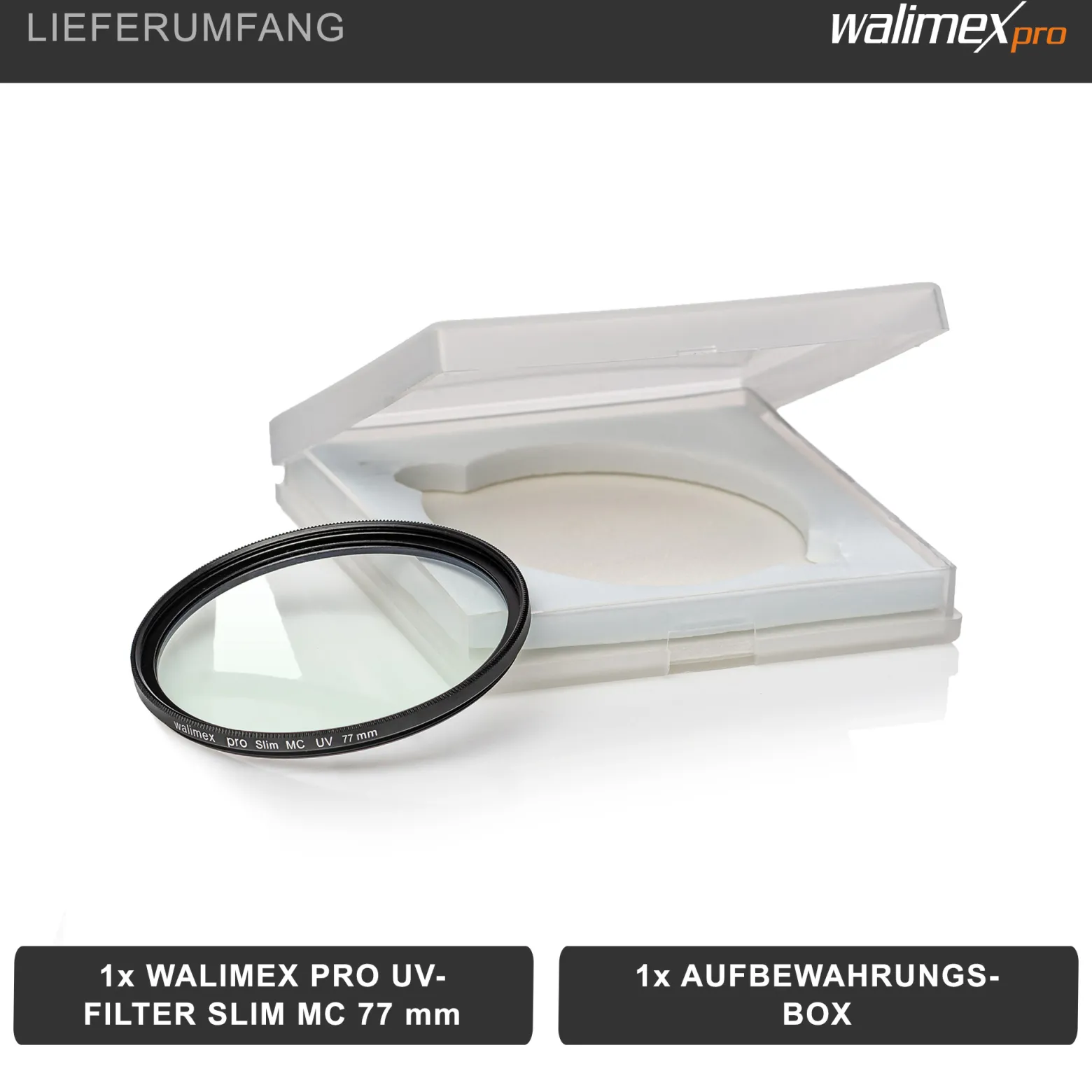 Walimex pro UV-Filter Slim MC 77mm - Schutz vor UV-Strahlen und Verschmutzung, Hochwertige Mehrschichtvergütung, mit äußerst dünner, gering auftragender Metallfassung, Inkl. Schutzhülle