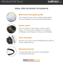 Walimex pro UV-Filter Slim MC 55mm - Schutz vor UV-Strahlen und Verschmutzung, Hochwertige Mehrschichtvergütung, mit äußerst dünner, gering auftragender Metallfassung, Inkl. Schutzhülle