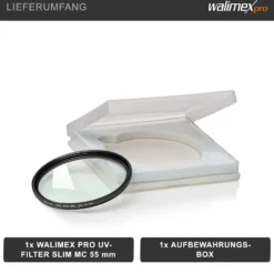 Walimex pro UV-Filter Slim MC 55mm - Schutz vor UV-Strahlen und Verschmutzung, Hochwertige Mehrschichtvergütung, mit äußerst dünner, gering auftragender Metallfassung, Inkl. Schutzhülle