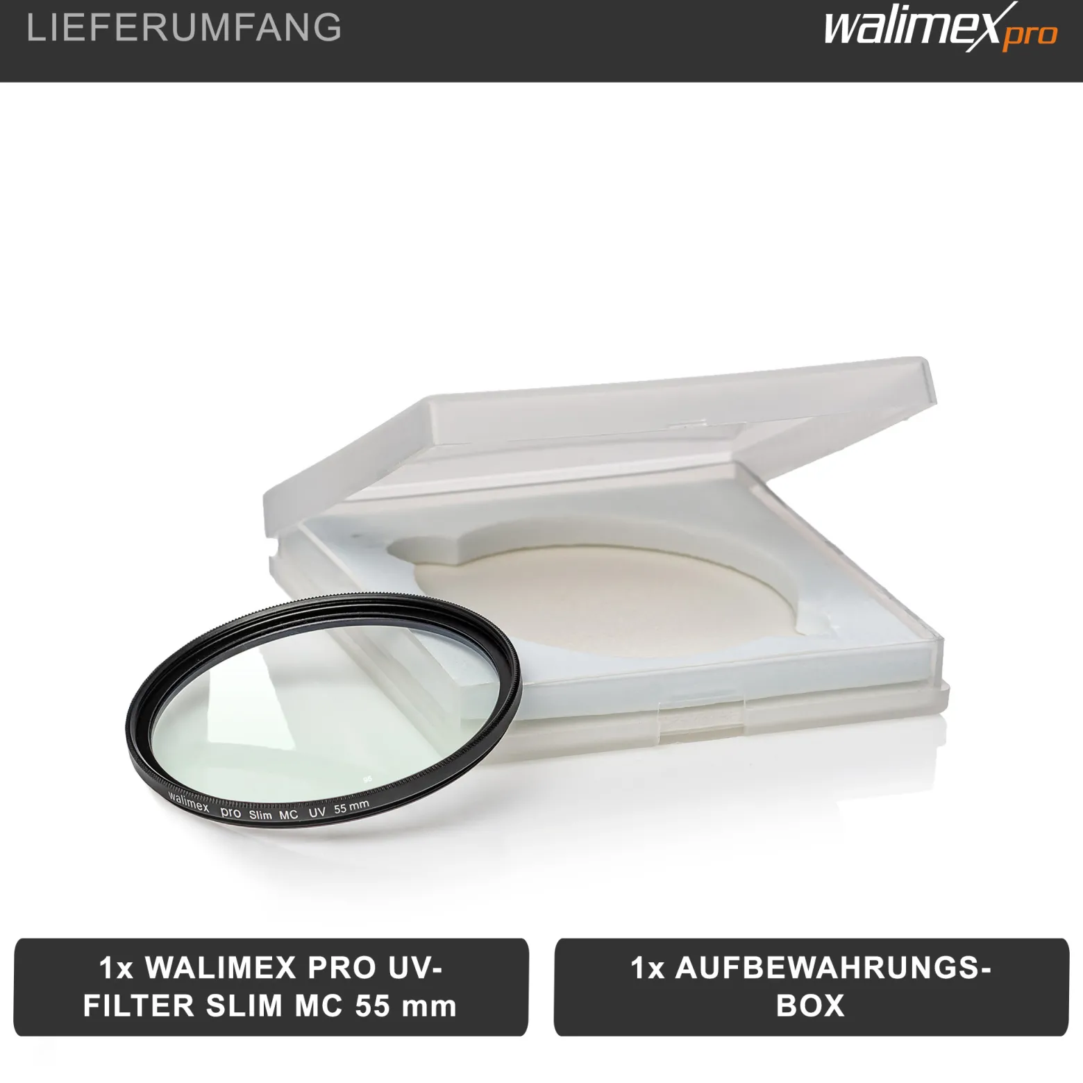 Walimex pro UV-Filter Slim MC 55mm - Schutz vor UV-Strahlen und Verschmutzung, Hochwertige Mehrschichtvergütung, mit äußerst dünner, gering auftragender Metallfassung, Inkl. Schutzhülle